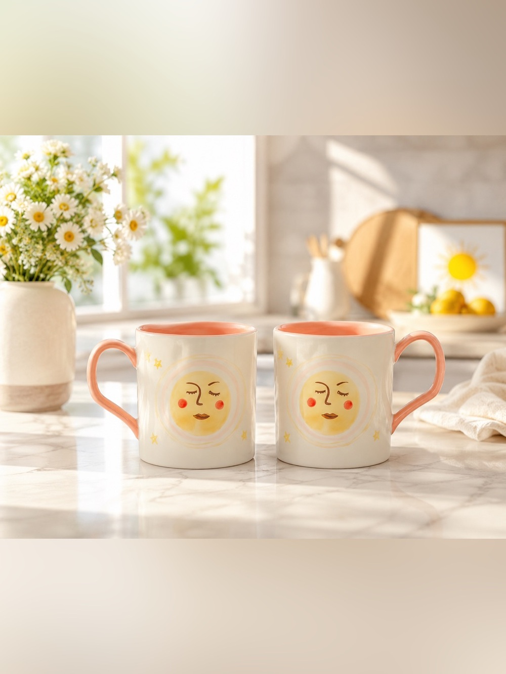 2 NEW Coral and Yellow Moon & Stars Hand Painted Ceramic Mugs NWT World Market
